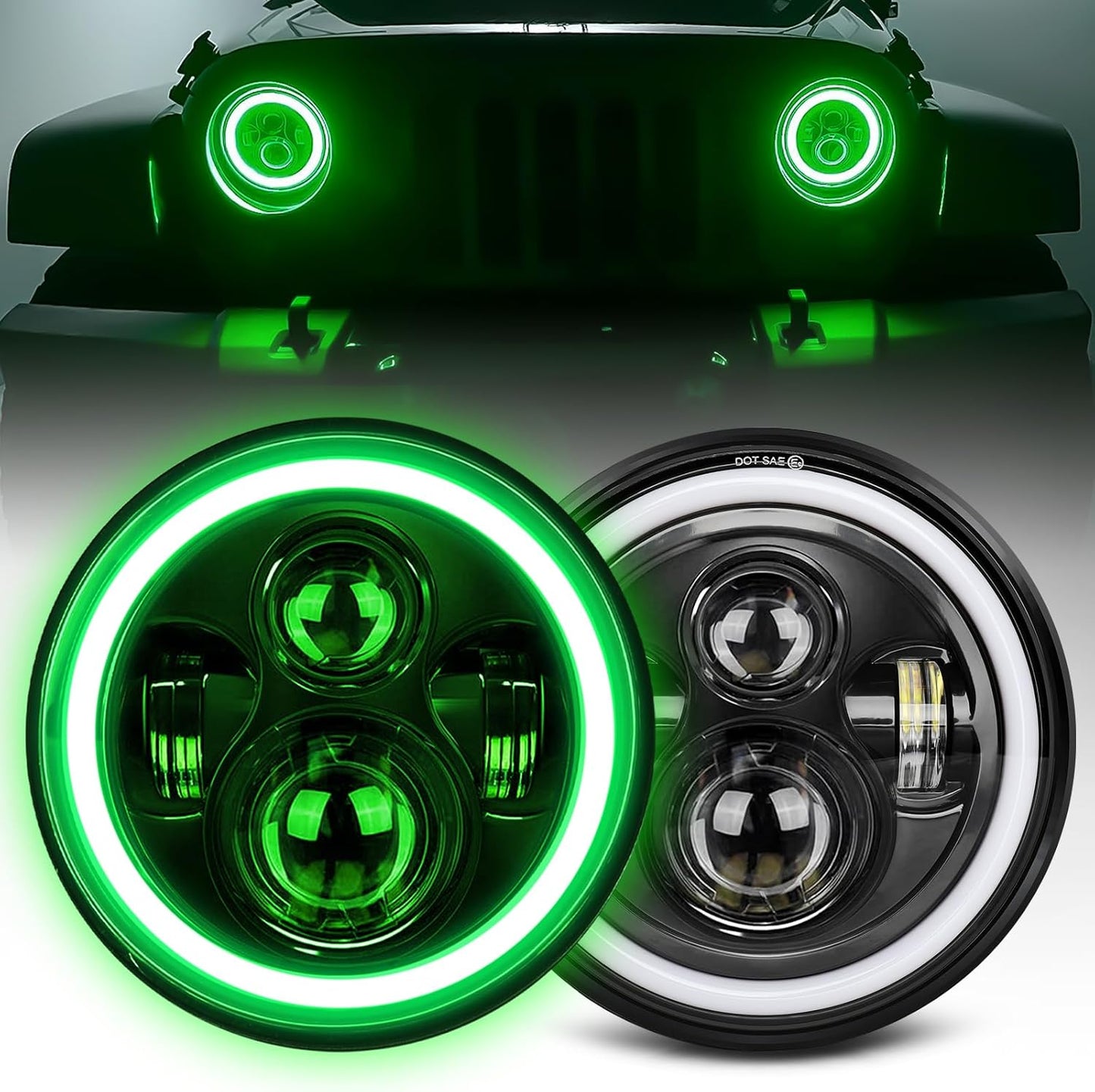 UNI-SHINE 7 inch Red Halo led Headlight Hi/Lo Beam with Amber Turn Signal 2pcs 7 inch led Headlight DOT Round H6024 LED Headlight Compatible with Jeep Wrangler JK TJ CJ, Compatible with Chevy