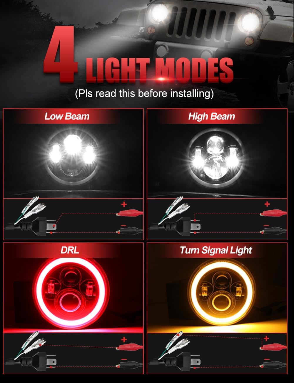 UNI-SHINE 7 inch Red Halo led Headlight Hi/Lo Beam with Amber Turn Signal 2pcs 7 inch led Headlight DOT Round H6024 LED Headlight Compatible with Jeep Wrangler JK TJ CJ, Compatible with Chevy