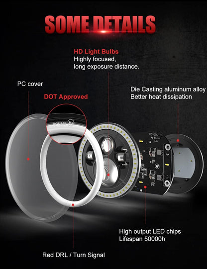 UNI-SHINE 7 inch Red Halo led Headlight Hi/Lo Beam with Amber Turn Signal 2pcs 7 inch led Headlight DOT Round H6024 LED Headlight Compatible with Jeep Wrangler JK TJ CJ, Compatible with Chevy