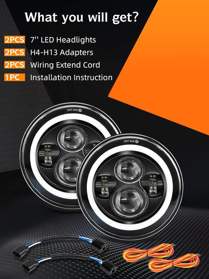 UNI-SHINE Projector 7 inch Led Headlight Round DOT Approved H6024 Led Headlight White DRL Amber Halo Turn Signal Compatible with Jeep Wrangler JK TJ CJ & Miata & Chevy S3 & Hummer H1 H2 (Pair)