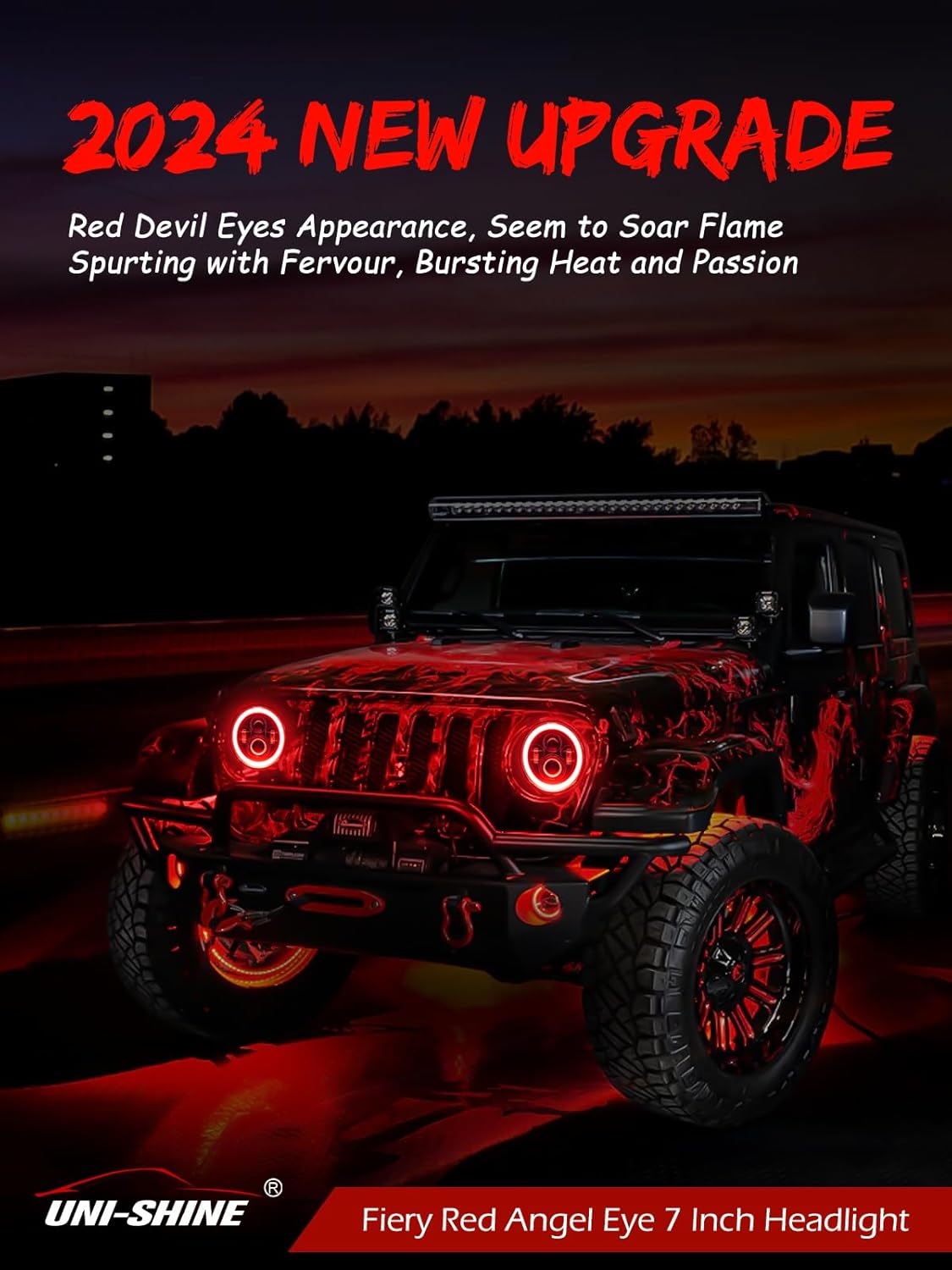 UNI-SHINE 7 inch Red Halo led Headlight Hi/Lo Beam with Amber Turn Signal 2pcs 7 inch led Headlight DOT Round H6024 LED Headlight Compatible with Jeep Wrangler JK TJ CJ, Compatible with Chevy