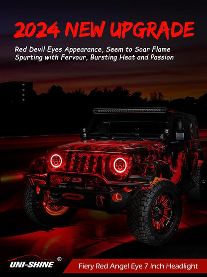 UNI-SHINE 7 inch Red Halo led Headlight Hi/Lo Beam with Amber Turn Signal 2pcs 7 inch led Headlight DOT Round H6024 LED Headlight Compatible with Jeep Wrangler JK TJ CJ, Compatible with Chevy