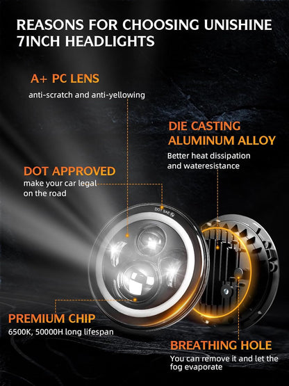 UNI-SHINE Projector 7 inch Led Headlight Round DOT Approved H6024 Led Headlight White DRL Amber Halo Turn Signal Compatible with Jeep Wrangler JK TJ CJ & Miata & Chevy S3 & Hummer H1 H2 (Pair)