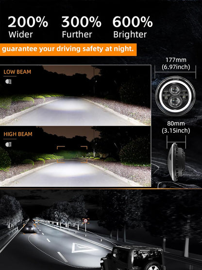 UNI-SHINE Projector 7 inch Led Headlight Round DOT Approved H6024 Led Headlight White DRL Amber Halo Turn Signal Compatible with Jeep Wrangler JK TJ CJ & Miata & Chevy S3 & Hummer H1 H2 (Pair)