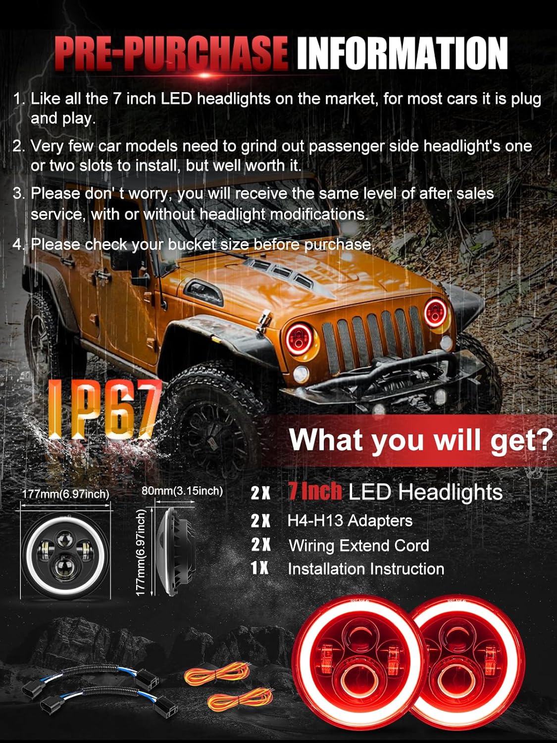 UNI-SHINE 7 inch Red Halo led Headlight Hi/Lo Beam with Amber Turn Signal 2pcs 7 inch led Headlight DOT Round H6024 LED Headlight Compatible with Jeep Wrangler JK TJ CJ, Compatible with Chevy