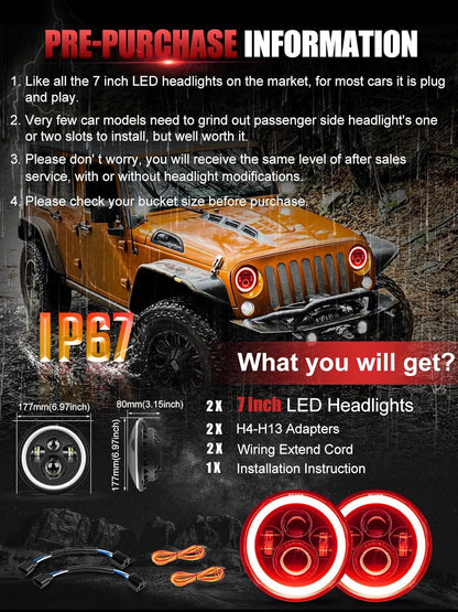 UNI-SHINE 7 inch Red Halo led Headlight Hi/Lo Beam with Amber Turn Signal 2pcs 7 inch led Headlight DOT Round H6024 LED Headlight Compatible with Jeep Wrangler JK TJ CJ, Compatible with Chevy